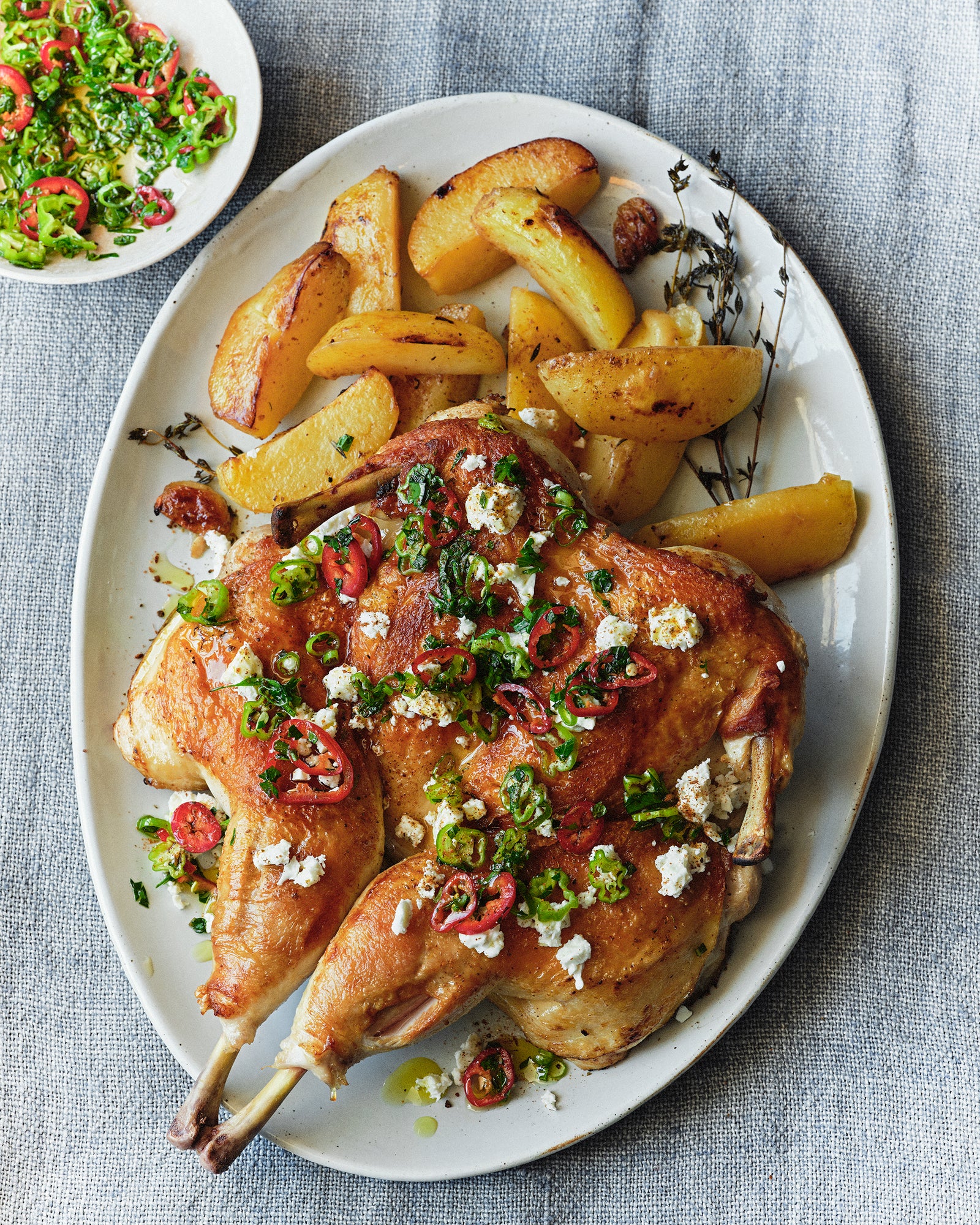 Feta-Brined Roast Chicken with Mint and Scallions Recipe